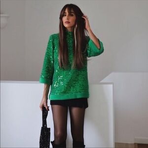ZARA SEQUIN TOP BLOUSE GREEN XS